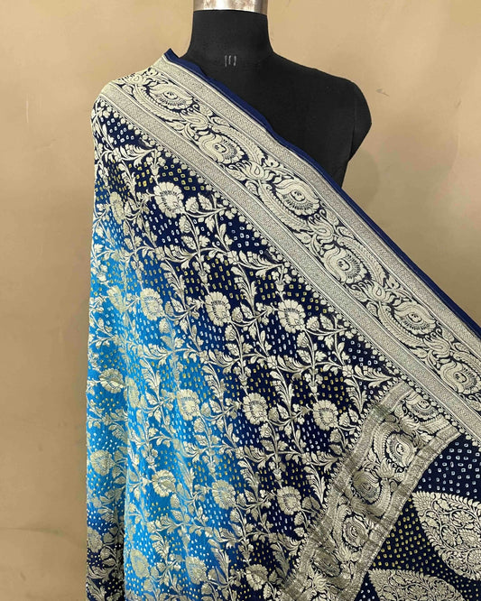Navy Blue & Sky Shaded Georgette Bandhani Dupatta - SindhoiPatolaArt