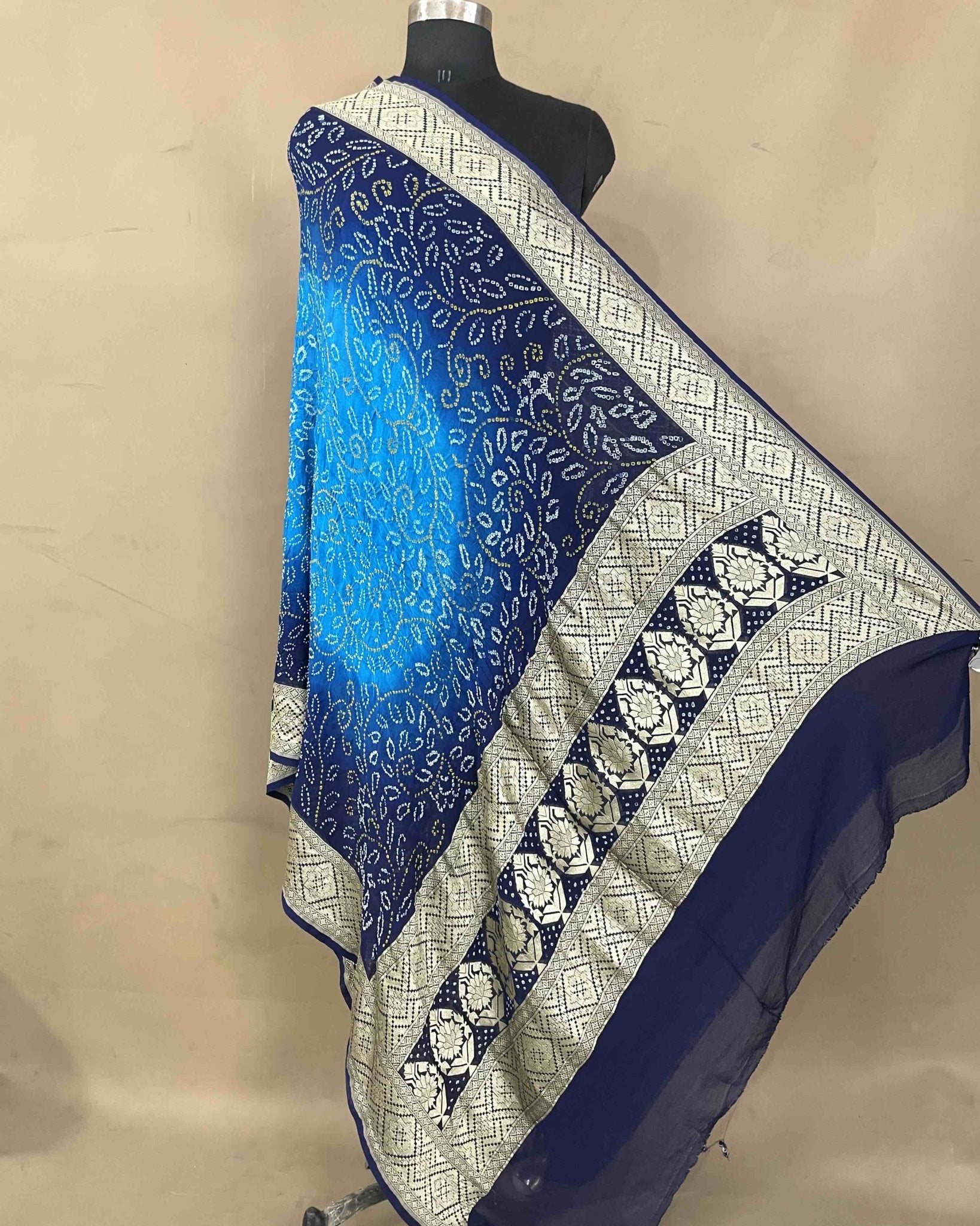 Navy Blue & Sky Shaded Georgette Bandhani Dupatta - SindhoiPatolaArt
