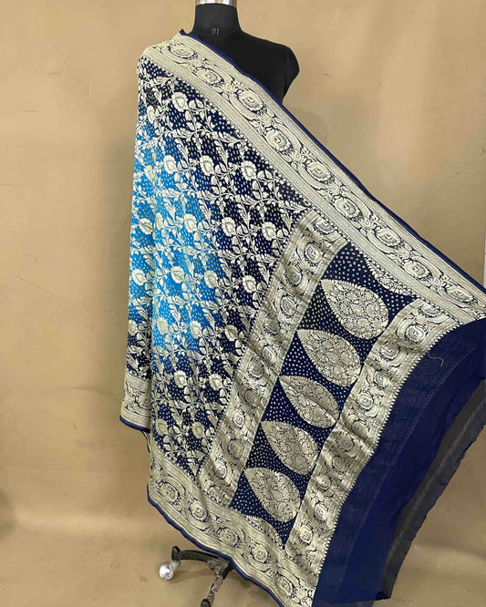 Navy Blue & Sky Shaded Georgette Bandhani Dupatta - SindhoiPatolaArt