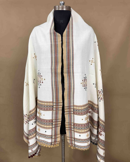 Off White Butta Mirror Kutchi Woolen Shawl - SindhoiPatolaArt