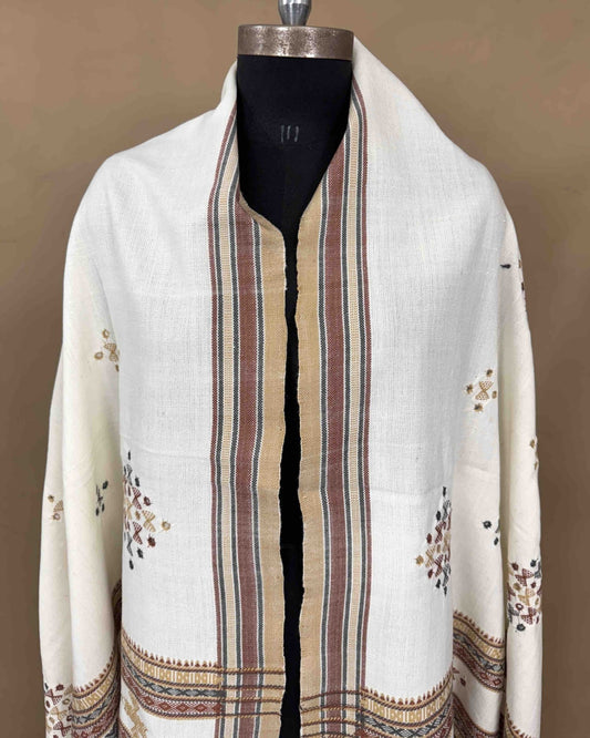 Off White Butta Mirror Kutchi Woolen Shawl - SindhoiPatolaArt