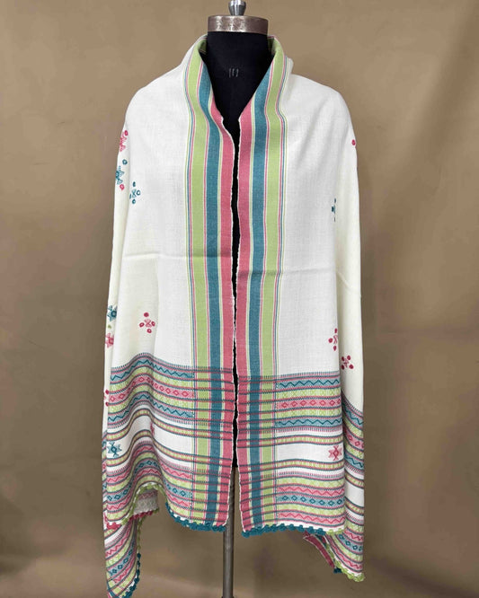 Off White Chomukh Mirror Kutchi Woolen Shawl - SindhoiPatolaArt