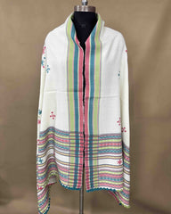 Off White Chomukh Mirror Kutchi Woolen Shawl - SindhoiPatolaArt