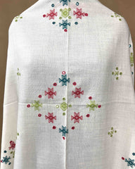 Off White Chomukh Mirror Kutchi Woolen Shawl - SindhoiPatolaArt