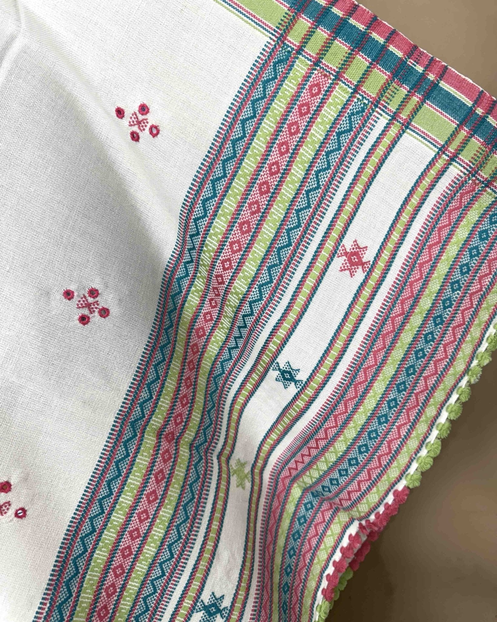 Off White Chomukh Mirror Kutchi Woolen Shawl - SindhoiPatolaArt