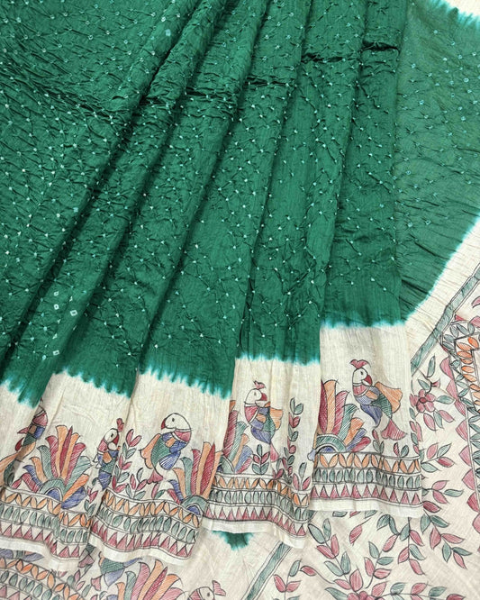 Off white & Green Madhubani Bandhani Saree - SindhoiPatolaArt