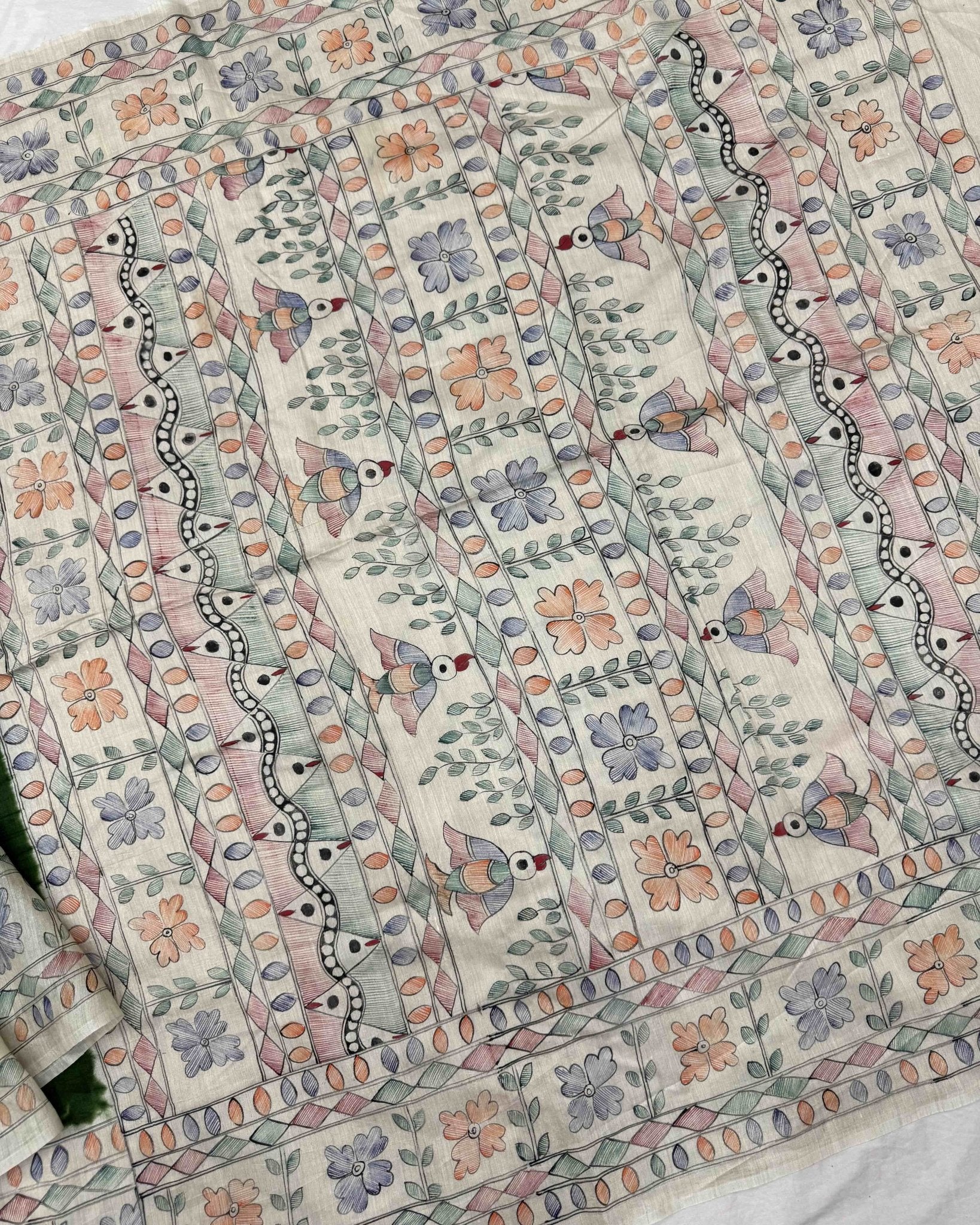 Off white & Green Madhubani Bandhani Saree - SindhoiPatolaArt