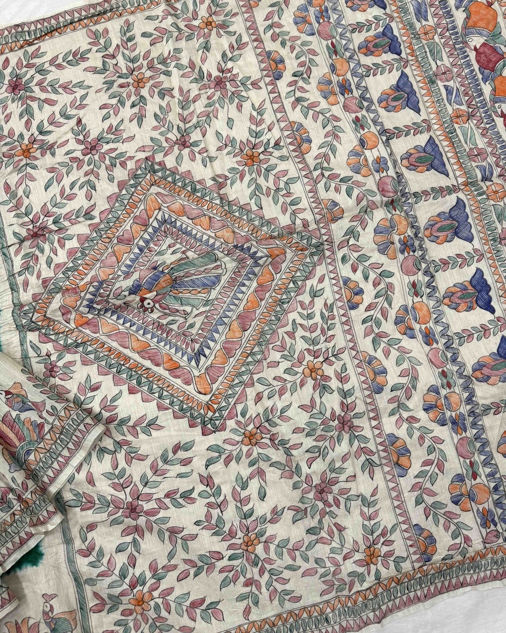 Off white & Green Madhubani Bandhani Saree - SindhoiPatolaArt