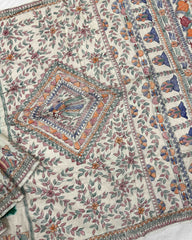 Off white & Green Madhubani Bandhani Saree - SindhoiPatolaArt