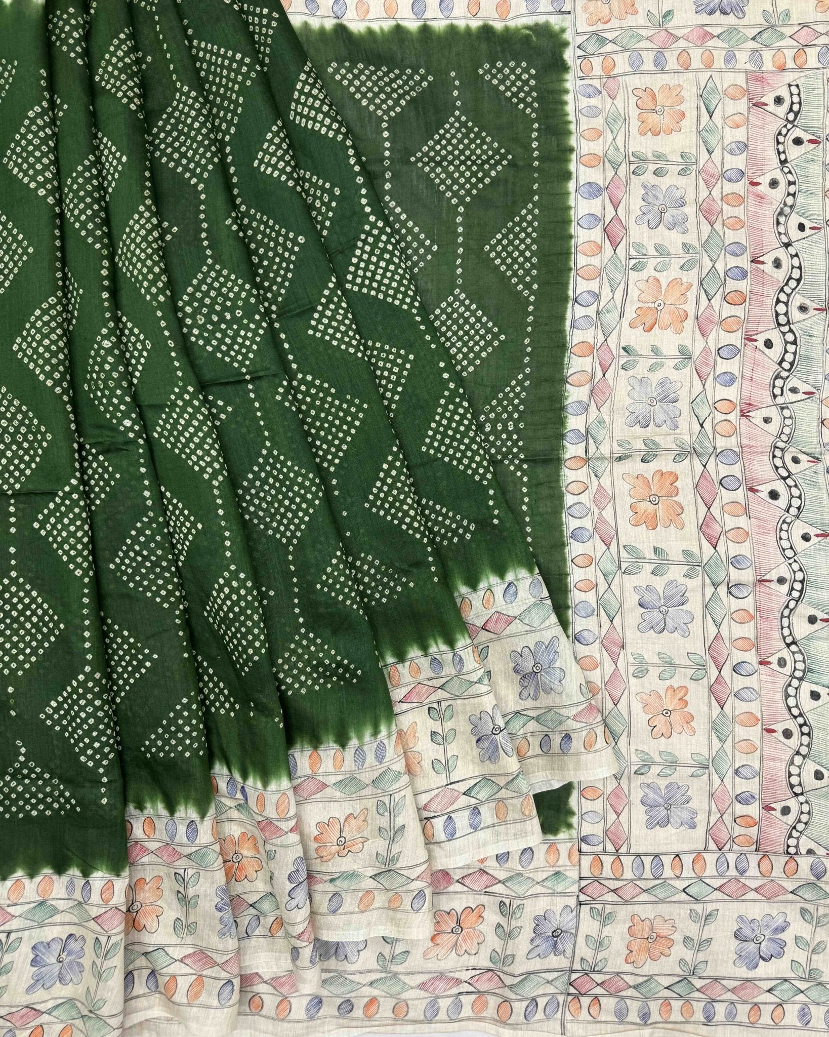 Off white & Green Madhubani Bandhani Saree - SindhoiPatolaArt
