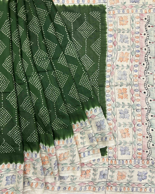 Off white & Green Madhubani Bandhani Saree - SindhoiPatolaArt