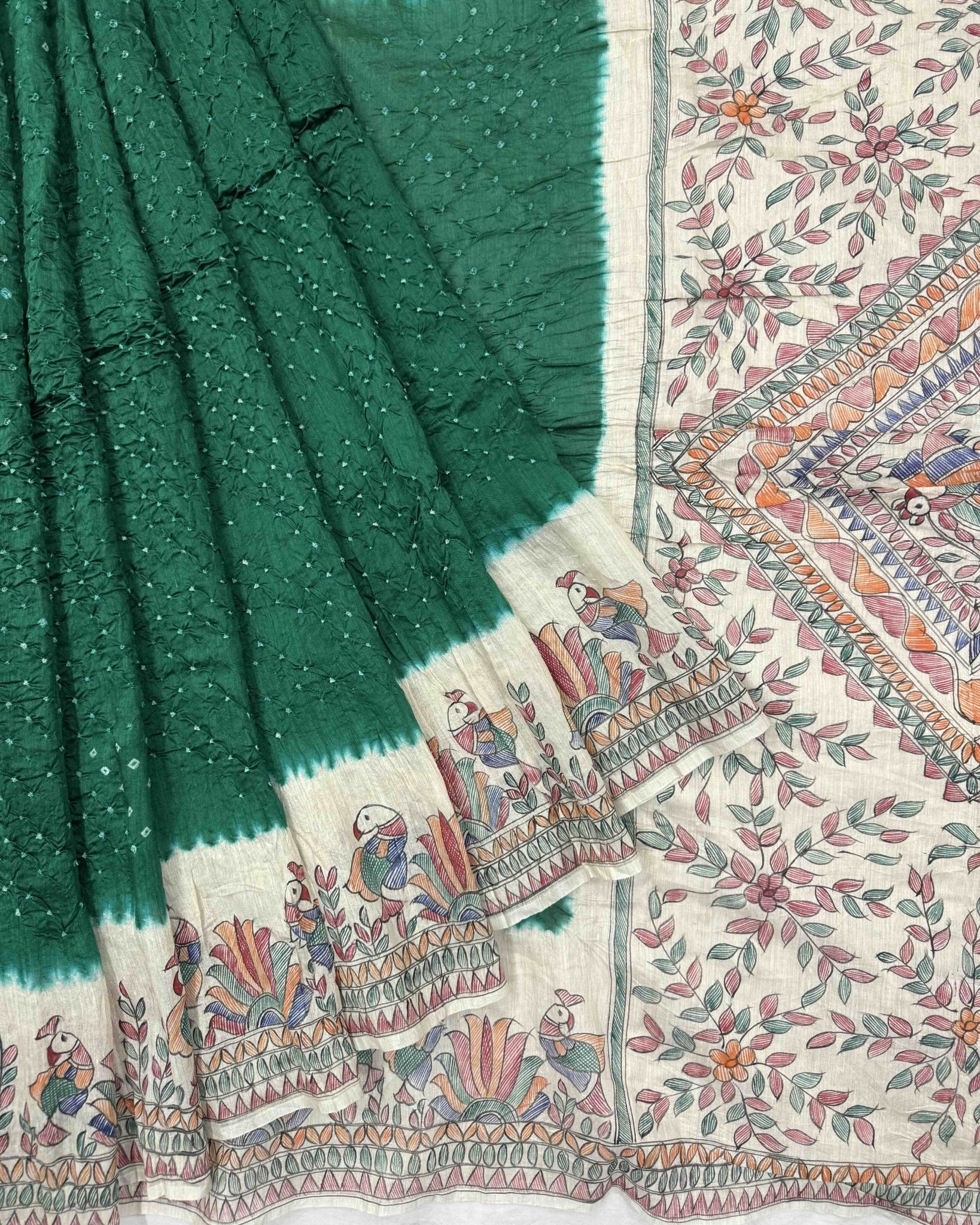 Off white & Green Madhubani Bandhani Saree - SindhoiPatolaArt