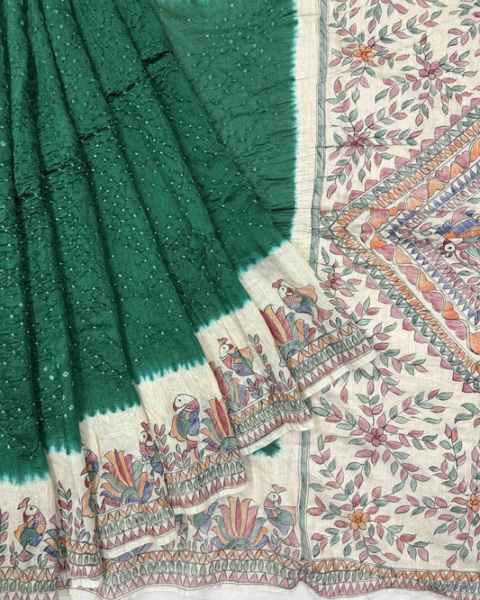 Off white & Green Madhubani Bandhani Saree - SindhoiPatolaArt
