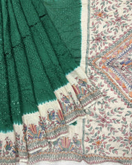 Off white & Green Madhubani Bandhani Saree - SindhoiPatolaArt