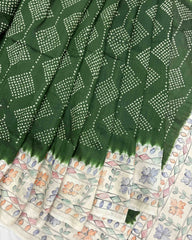 Off white & Green Madhubani Bandhani Saree - SindhoiPatolaArt