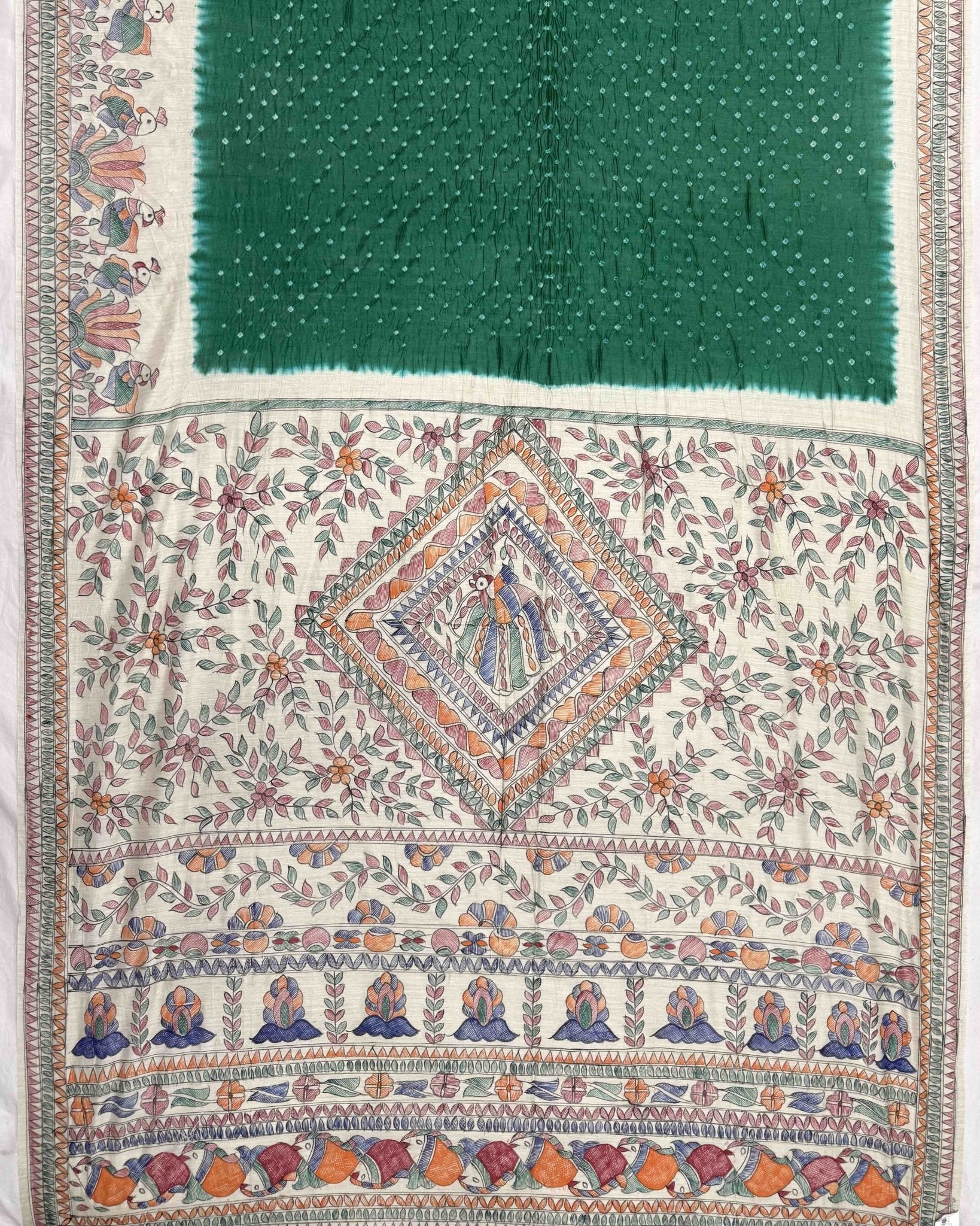 Off white & Green Madhubani Bandhani Saree - SindhoiPatolaArt