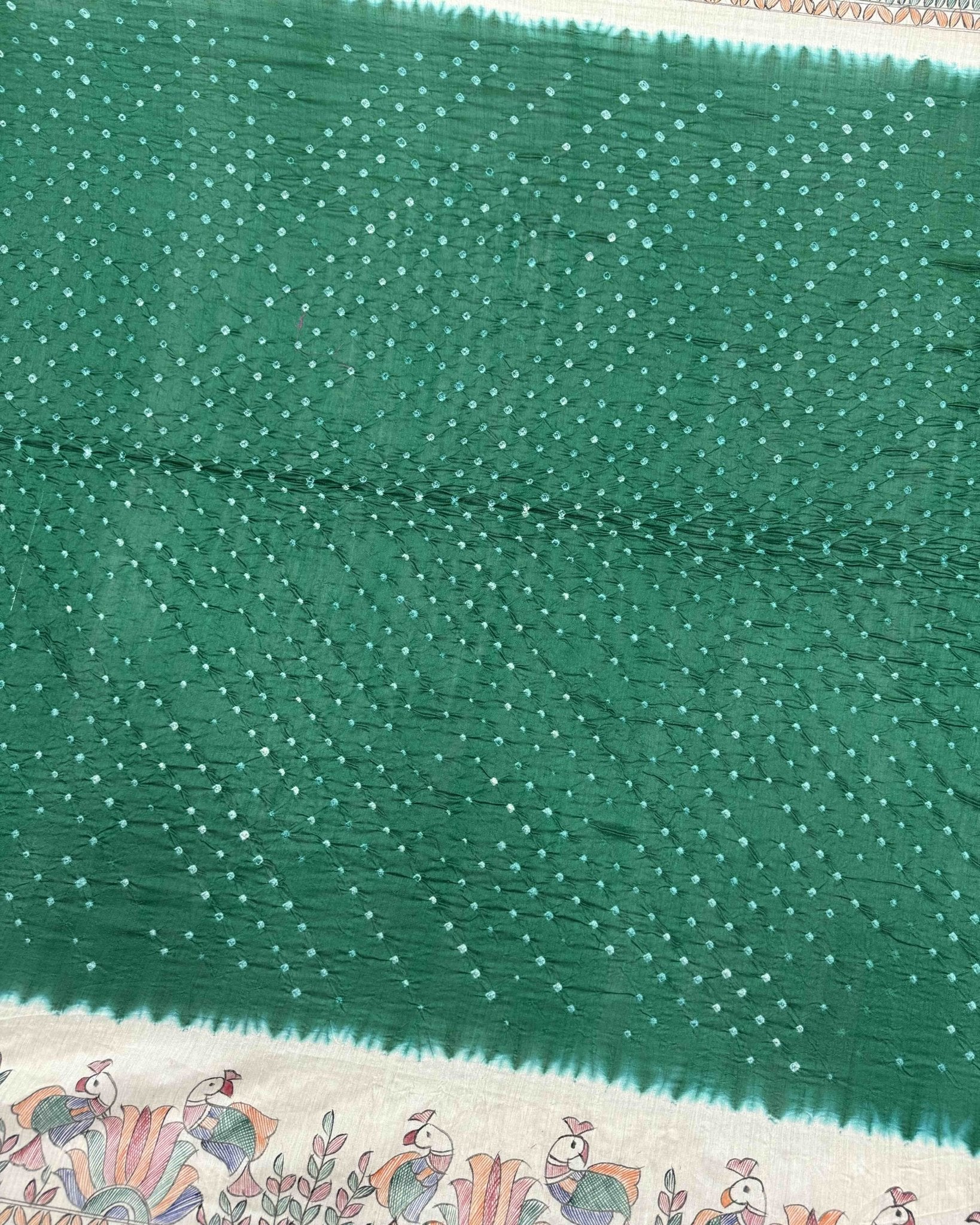 Off white & Green Madhubani Bandhani Saree - SindhoiPatolaArt