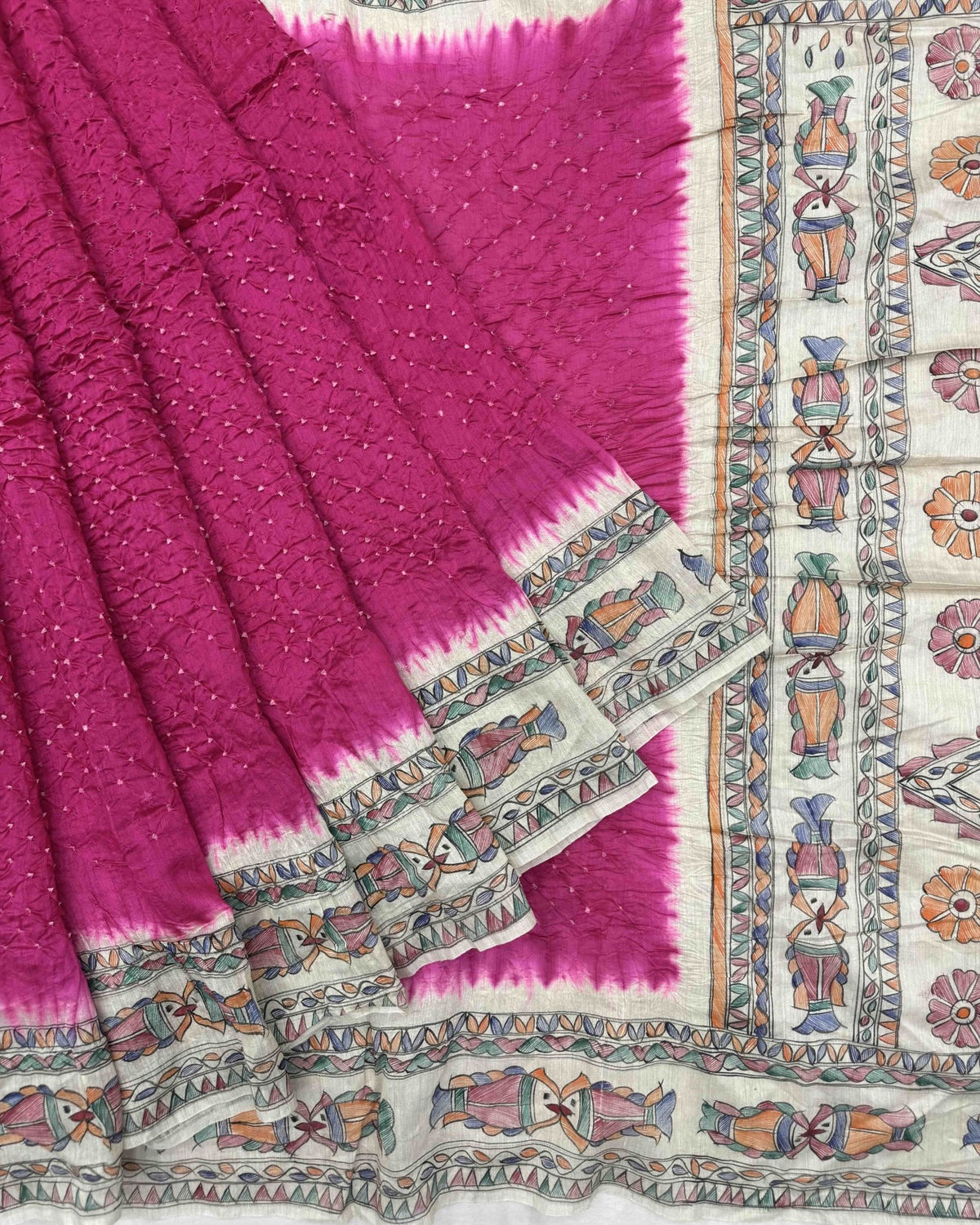 Off white & Pink Madhubani Bandhani Saree - SindhoiPatolaArt