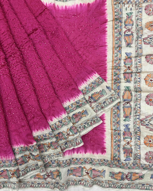 Off white & Pink Madhubani Bandhani Saree - SindhoiPatolaArt