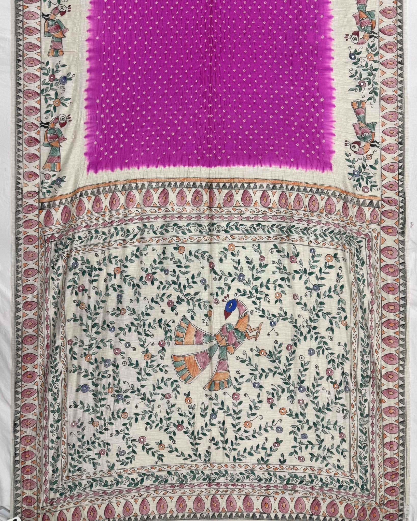 Off white & Pink Madhubani Bandhani Saree - SindhoiPatolaArt