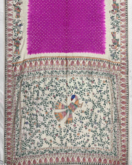 Off white & Pink Madhubani Bandhani Saree - SindhoiPatolaArt