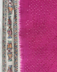 Off white & Pink Madhubani Bandhani Saree - SindhoiPatolaArt