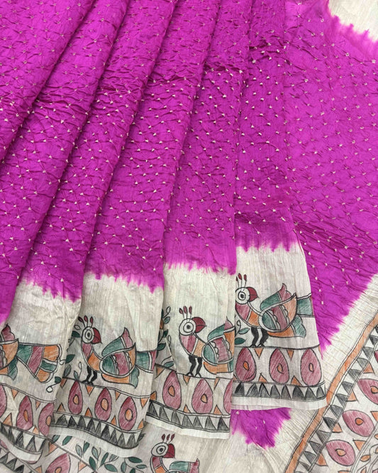 Off white & Pink Madhubani Bandhani Saree - SindhoiPatolaArt