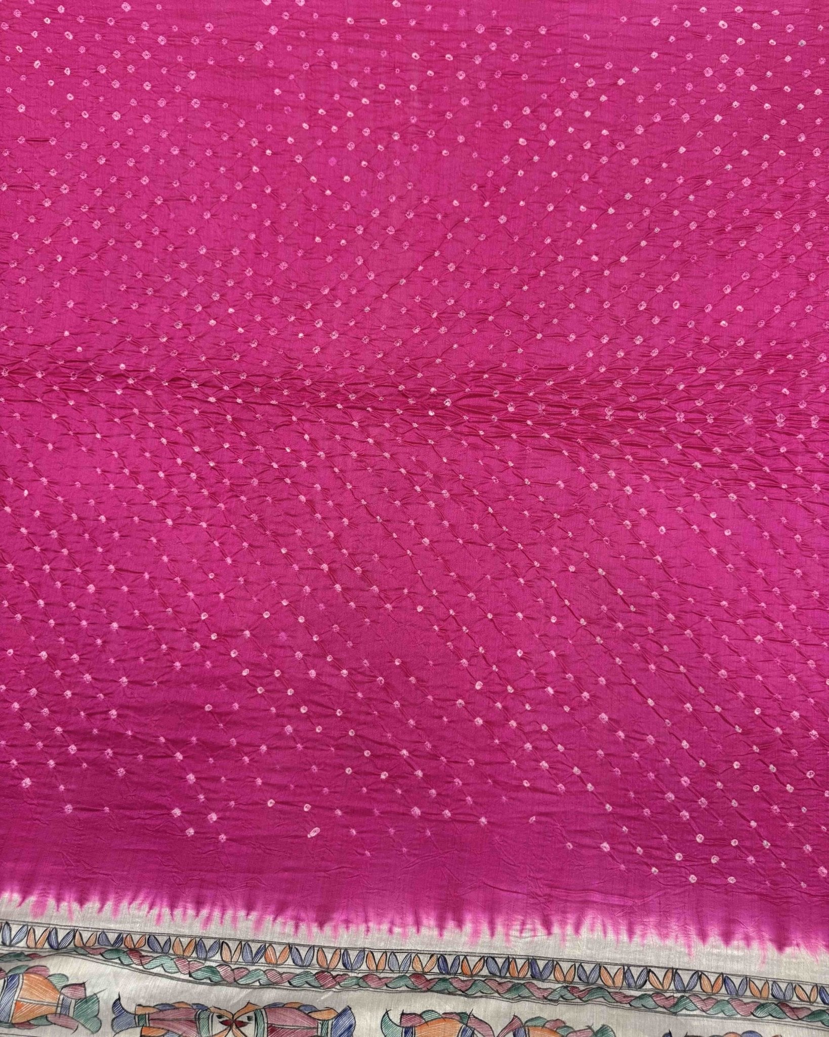 Off white & Pink Madhubani Bandhani Saree - SindhoiPatolaArt