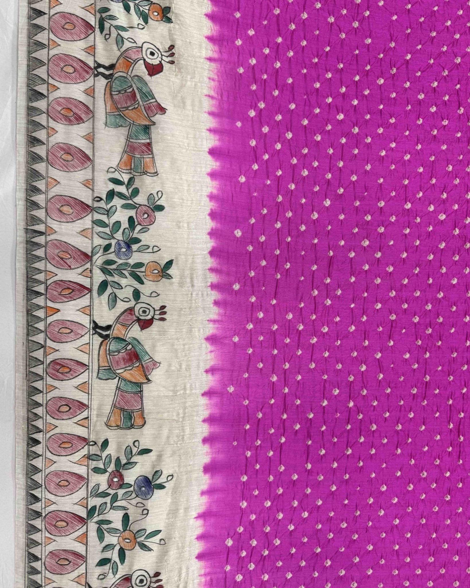 Off white & Pink Madhubani Bandhani Saree - SindhoiPatolaArt