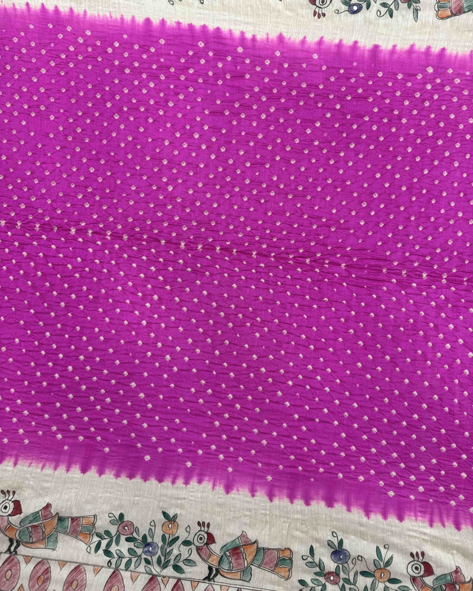 Off white & Pink Madhubani Bandhani Saree - SindhoiPatolaArt
