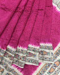 Off white & Pink Madhubani Bandhani Saree - SindhoiPatolaArt