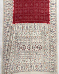 Off white & Red Madhubani Bandhani Saree - SindhoiPatolaArt