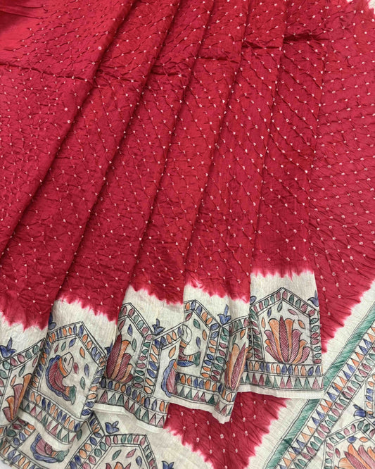 Off white & Red Madhubani Bandhani Saree - SindhoiPatolaArt