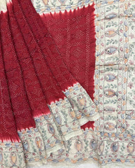 Off white & Red Madhubani Bandhani Saree - SindhoiPatolaArt