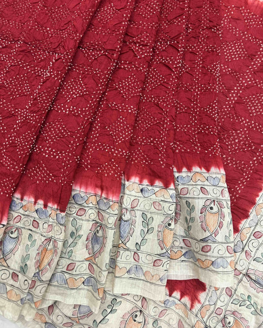 Off white & Red Madhubani Bandhani Saree - SindhoiPatolaArt