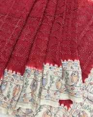 Off white & Red Madhubani Bandhani Saree - SindhoiPatolaArt