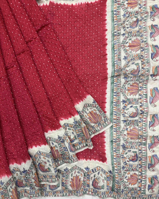 Off white & Red Madhubani Bandhani Saree - SindhoiPatolaArt