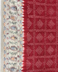 Off white & Red Madhubani Bandhani Saree - SindhoiPatolaArt