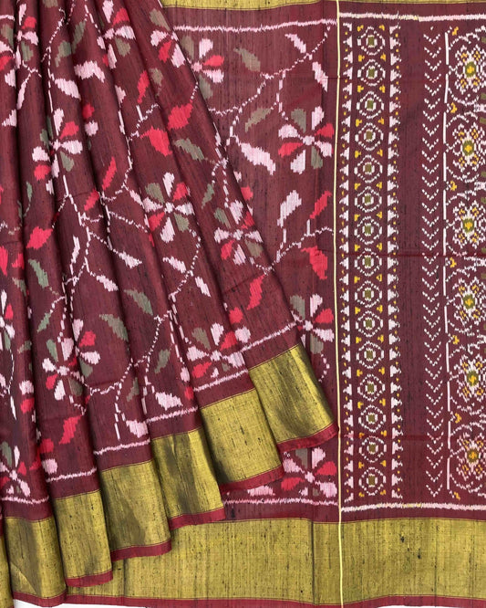 Onion Brown Fancy Flower Raw Silk Patola Saree - SindhoiPatolaArt