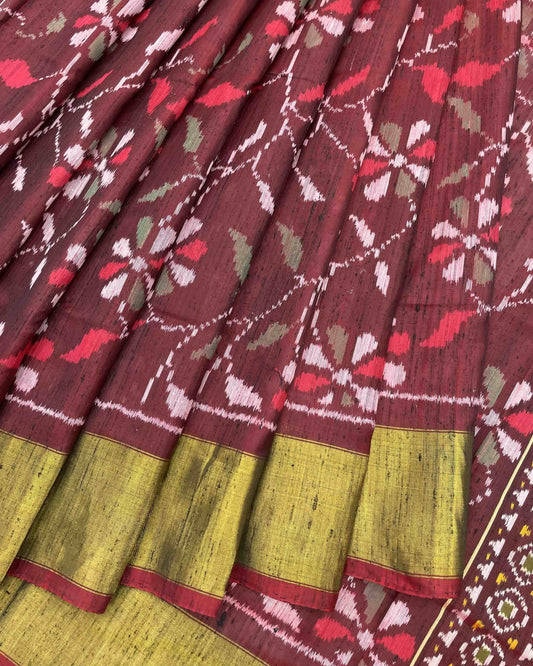 Onion Brown Fancy Flower Raw Silk Patola Saree - SindhoiPatolaArt