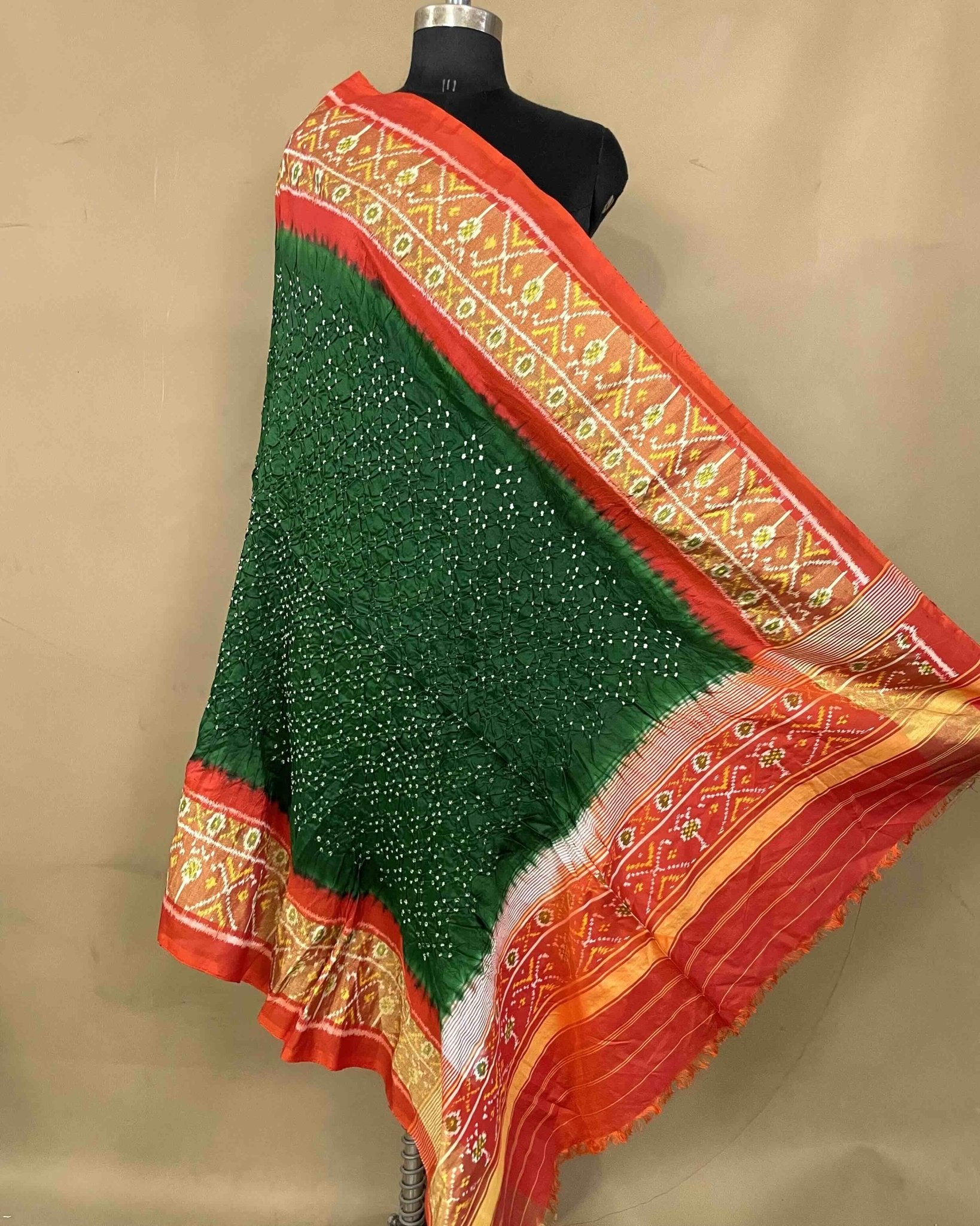Orange & Green Bandhani Patola Dupatta - SindhoiPatolaArt