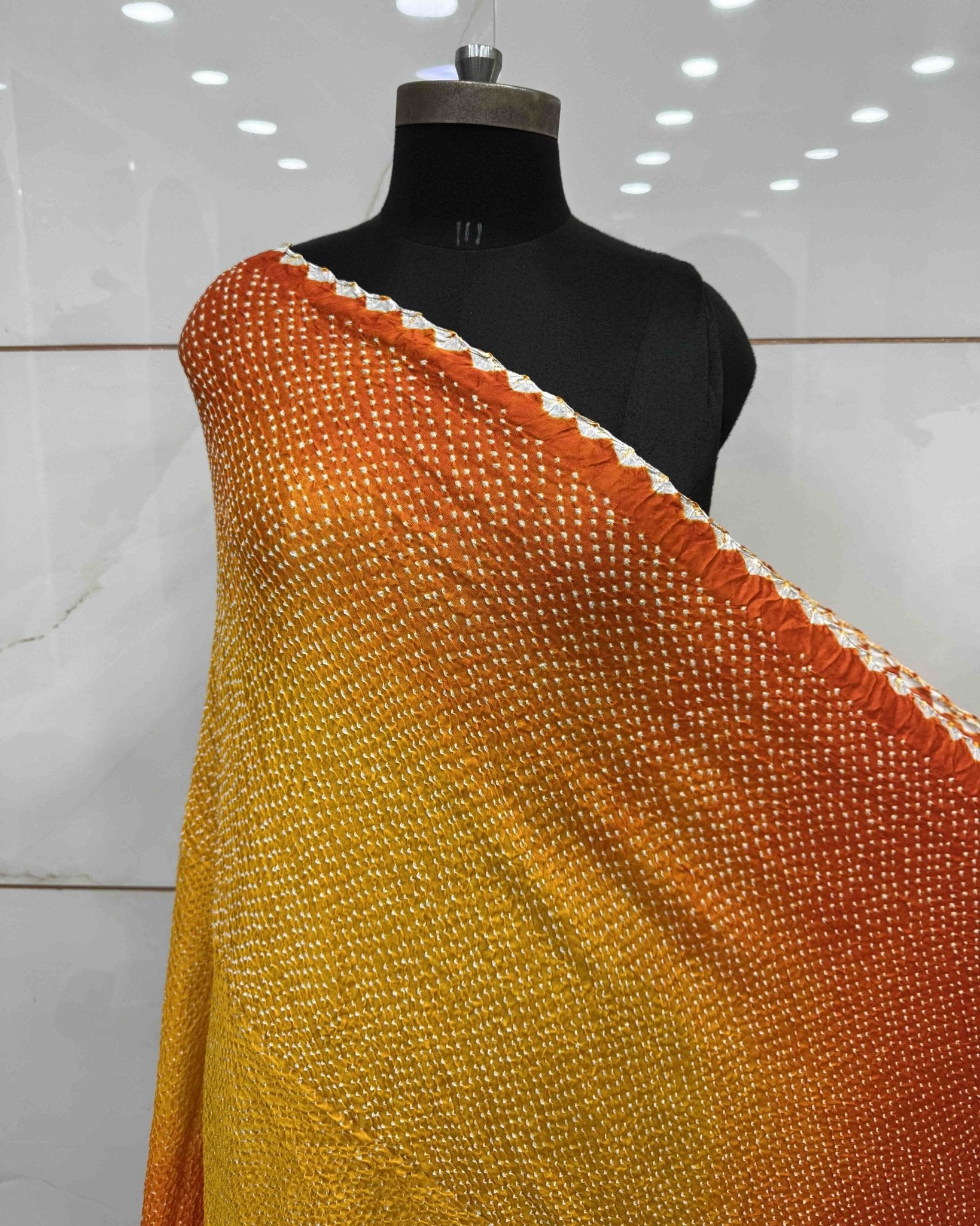 Orange & Yellow Shaded Gajji Silk Bandhani Dupatta - SindhoiPatolaArt