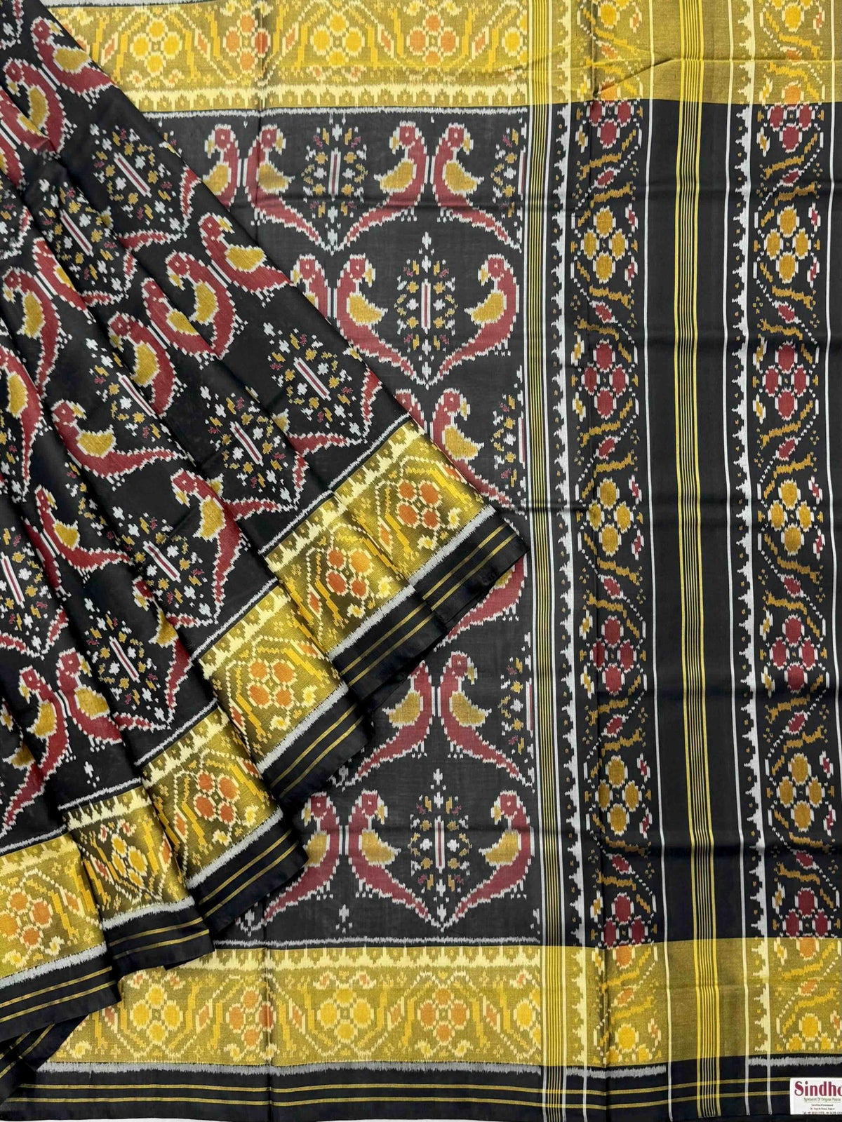Parrot design black tissue border Patola saree - SindhoiPatolaArt