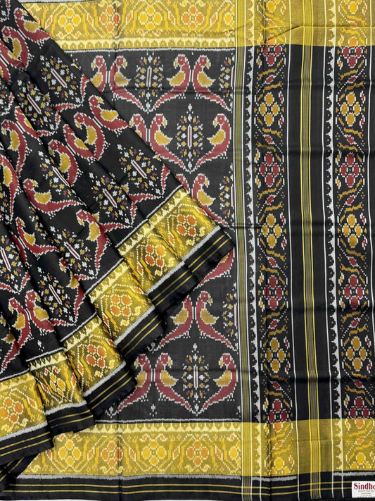 Parrot design black tissue border Patola saree - SindhoiPatolaArt