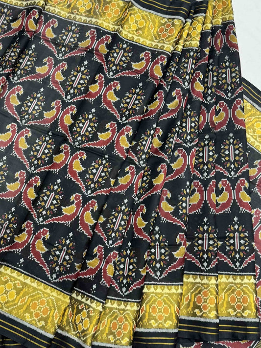 Parrot design black tissue border Patola saree - SindhoiPatolaArt