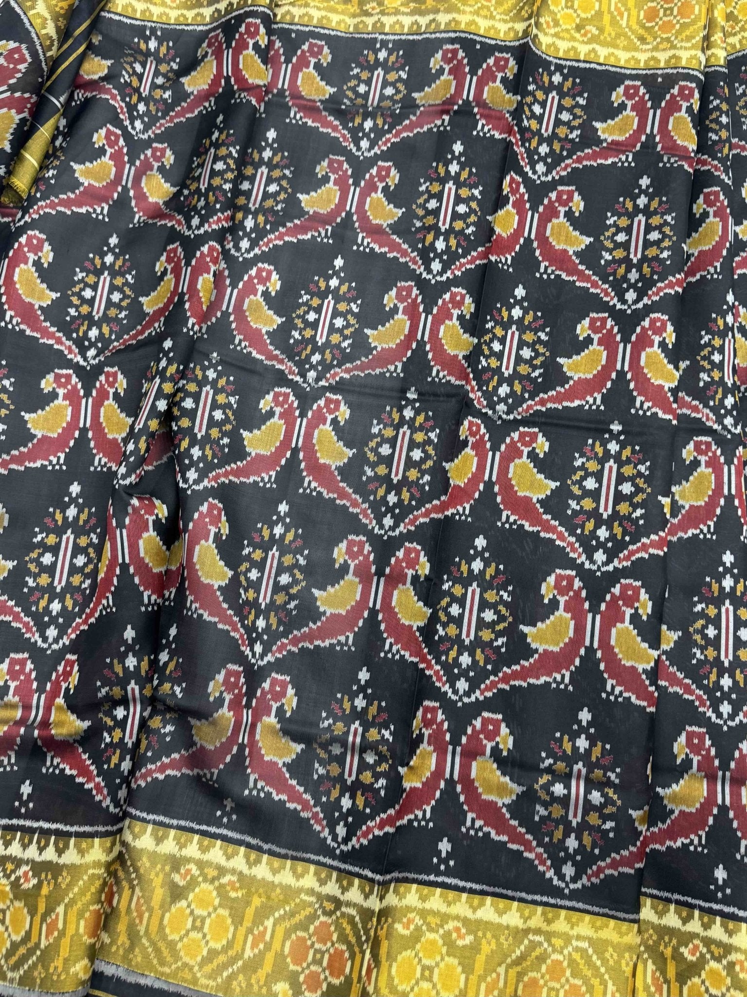 Parrot design black tissue border Patola saree - SindhoiPatolaArt