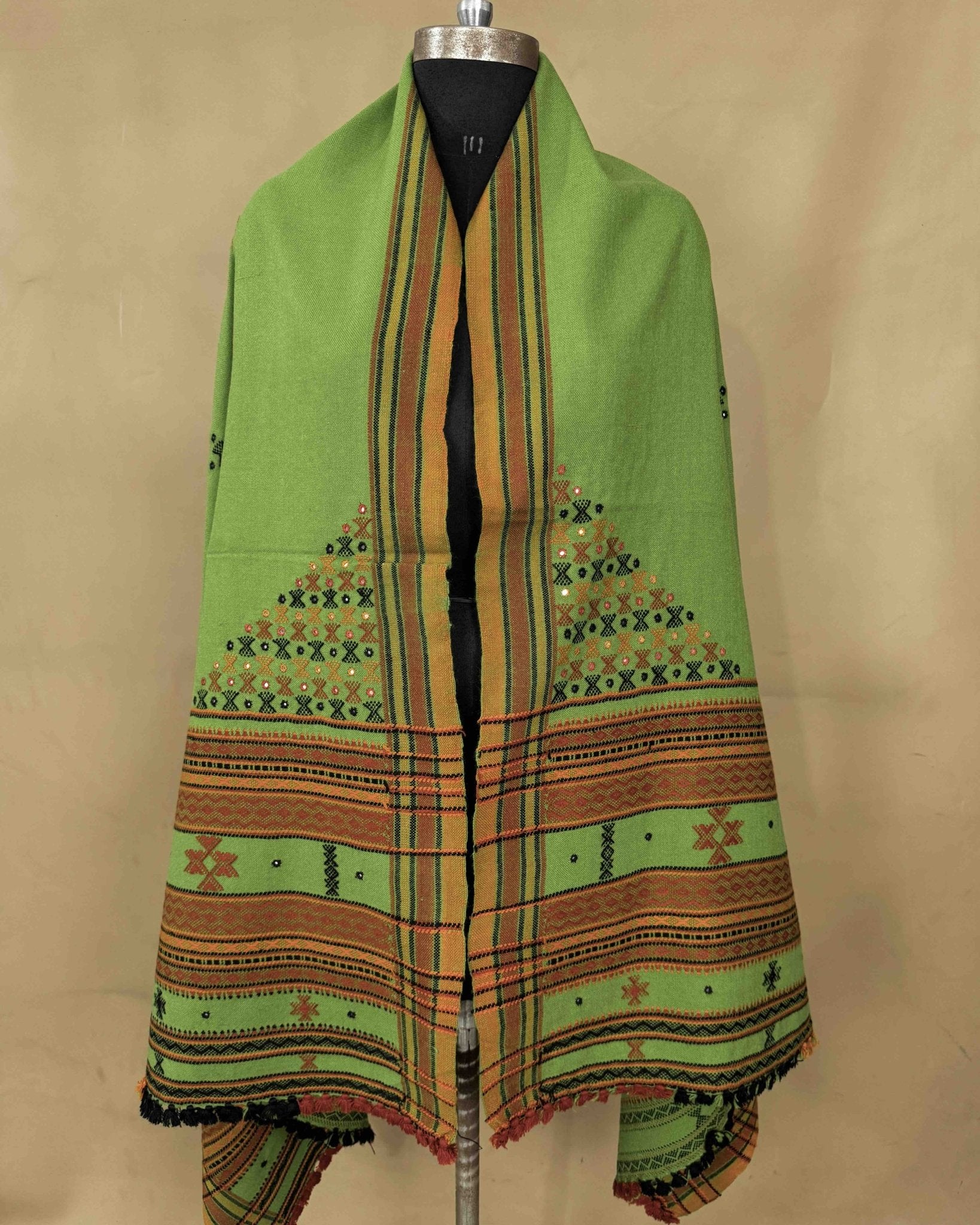 Parrot Green Butta Mirror & Corner Mirror Kutchi Woolen Shawl - SindhoiPatolaArt