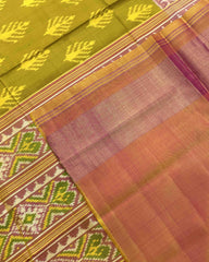 Peach & Mehendi Fancy Leaves Patola Saree - SindhoiPatolaArt