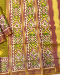 Peach & Mehendi Fancy Leaves Patola Saree - SindhoiPatolaArt