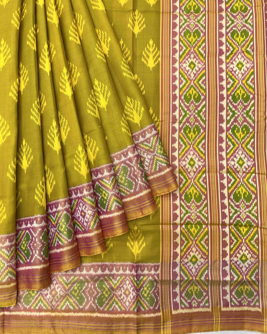 Peach & Mehendi Fancy Leaves Patola Saree - SindhoiPatolaArt
